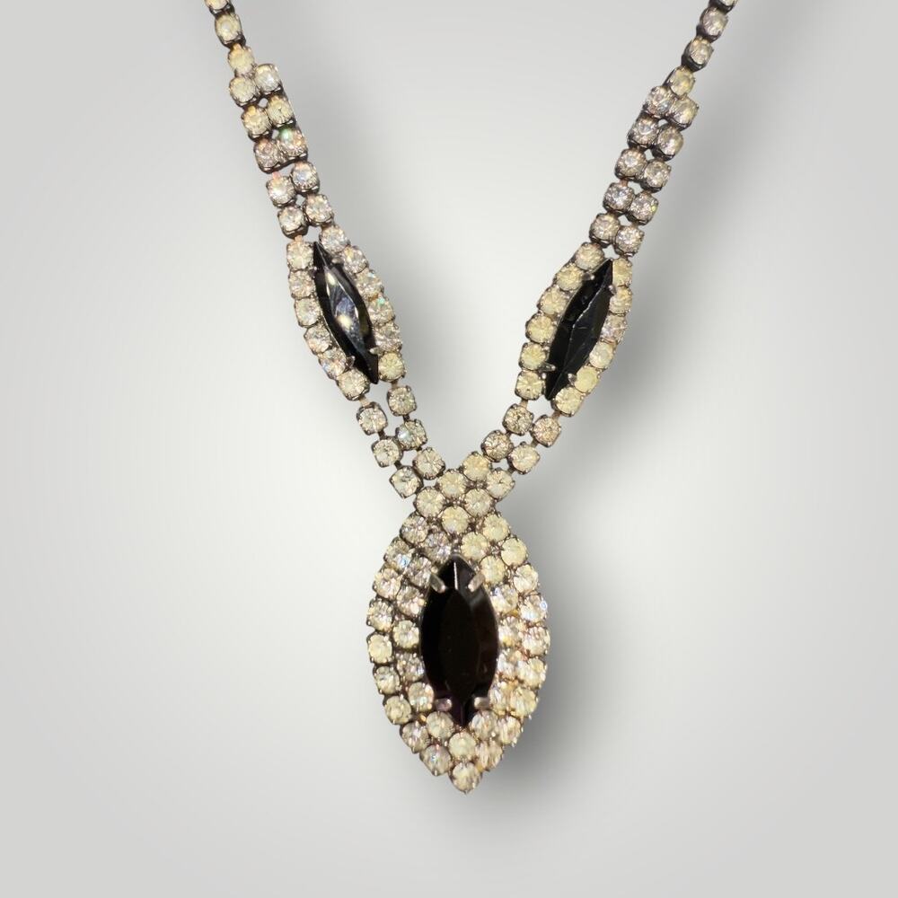 1950s 1960s Rhinestone Necklace Earrings Set Black Glass Teardrop Dangle - Picture 2 of 8